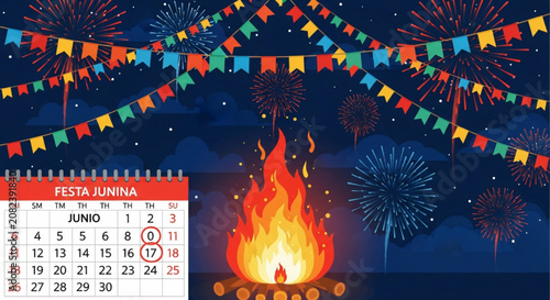 June Festival Calendar with Bonfire and Colorful Pennants