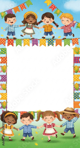 Happy Children Celebrating Harvest Festival with Pennant Decorations