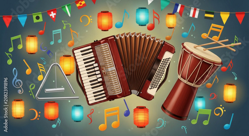 Musical Instruments with Paper Lanterns and Colorful Notes