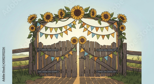 Old Wooden Farm Gate Decorated with Sunflowers and Bunting