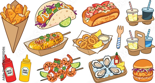 Seafood Fast Food and Street Food Vector Illustration Set Featuring Fish and Chips, Lobster Roll, Shrimp Tacos, Calamari, Oysters, and Takeaway Drinks