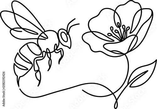 Billede på lærred Continuous single line drawing of a honey bee approaching a blooming flower