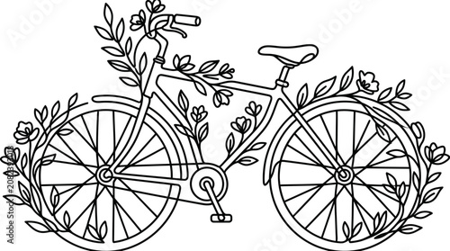 Canvastavla Black and white line art illustration of a vintage bicycle decorated with blooming flowers and leaves