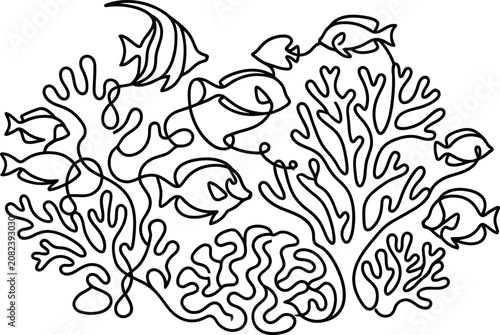 Foto Continuous one line drawing of coral reef with tropical fish.
