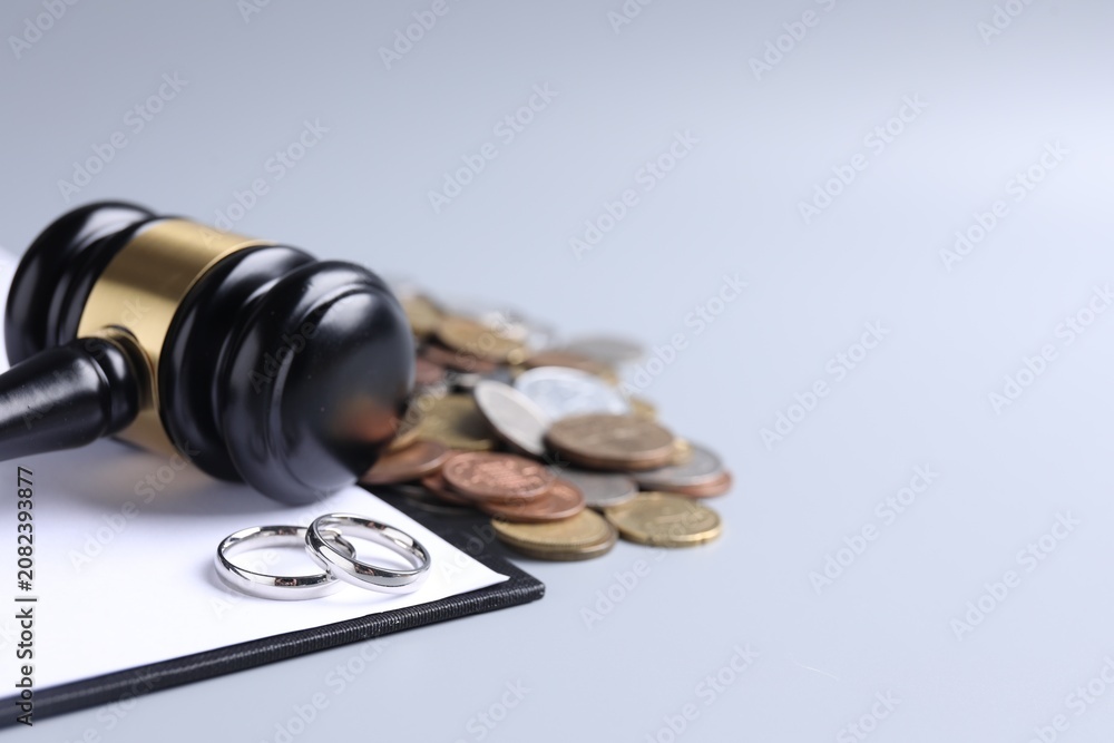 Obraz premium Alimony. Coins, gavel, clipboard and wedding rings on light background, closeup. Space for text