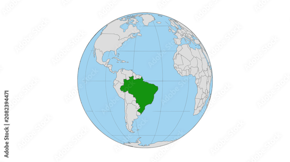 Fototapeta premium Globe with Brazil highlighted in green on a world map showing continents and oceans with latitude and longitude lines