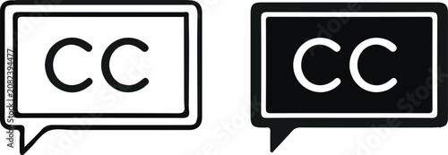 Closed caption icon set featuring cc letters in speech bubble style for media accessibility and settings subtitle accessibility graphics interface