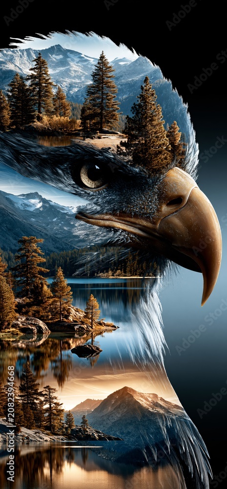 Fototapeta premium Eagle head embodying wilderness landscape with mountains, lake, forest. Eagle head silhouette containing a mountain lake landscape with pine tree forests