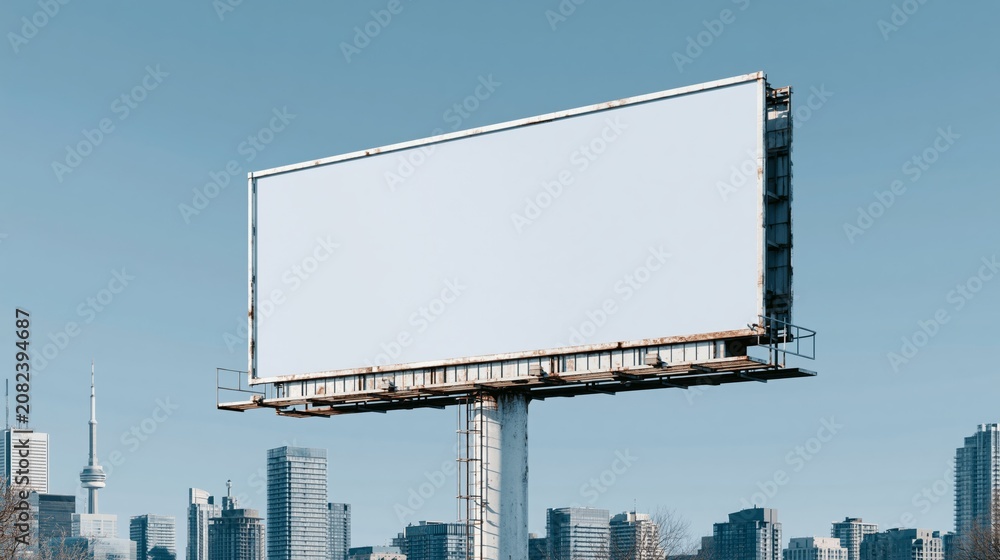 Obraz premium Blank urban billboard in Toronto offering advertising space. Empty outdoor billboard structure in a city against a clear sky, ready for new advertisement