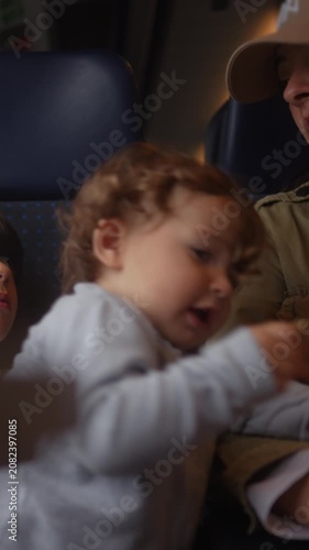Mother handing snack to toddler during passenger train journey, highlighting nurturing, healthy nutrition and everyday family travel