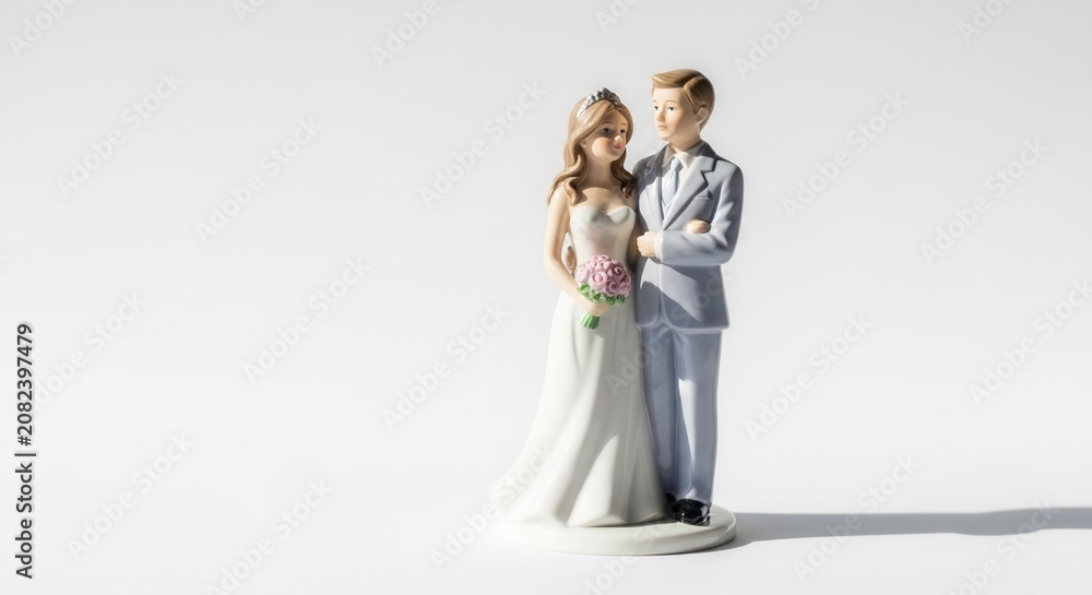 Fototapeta premium Wedding cake topper couple figurine of bride and groom standing together 