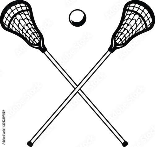 Two Lacrosse Sticks Crossed with a Lacrosse Ball Above on White Background