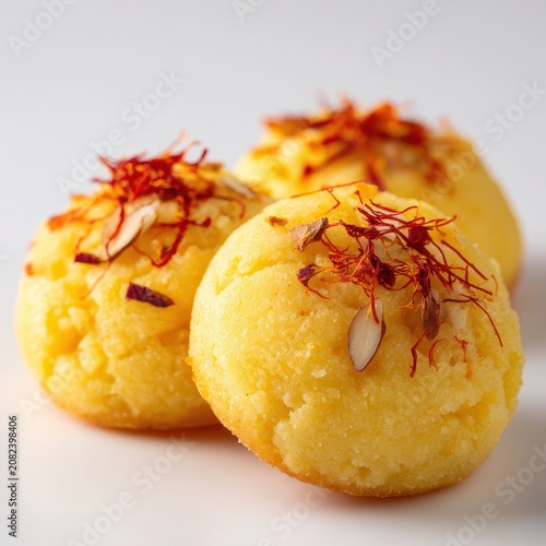 Three Peda Milk Sweets with Saffron and Almond on White Background