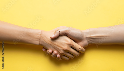 Handshake Concept – Wooden Mannequin Hands on Yellow
