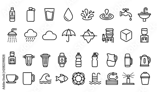 Minimal Water Bottle and Hydration Line Icons Editable Vector Set