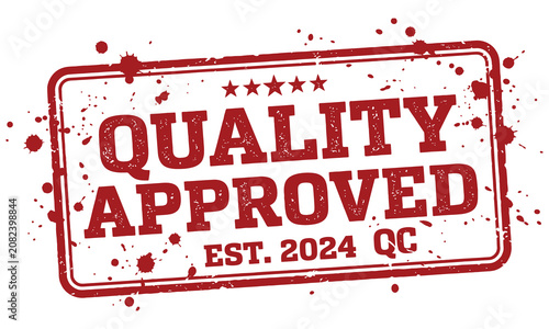 Quality approved stamp with red ink and splatters on white background