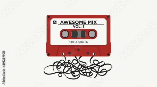 Fotografía A tangled mess of black cords emerges from a red and white cassette tape labeled AWESOME MIX VOL 1 on a clean surface