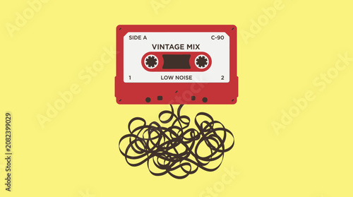Photos A tangled cassette tape sits on a bright yellow background with a red and white label