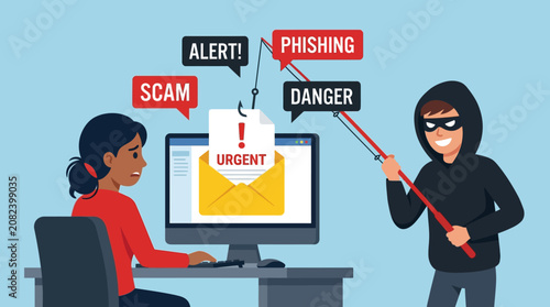 Obraz na plátně A woman sits at a computer as a masked man points a fishing rod with scam and phishing signs towards her in a dangerous online situation