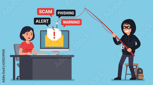 Fotografie Person sitting at desk with computer receives phishing scam alert while hacker stands nearby with fishing rod