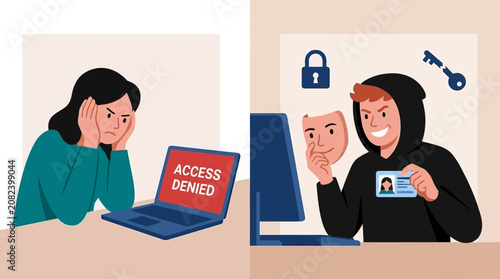 Fotografie A frustrated woman faces access denied on her laptop while a hooded hacker nearby holds a fake ID and mask, symbolizing cyber security and identity theft issues