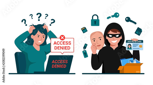 фотографія A frustrated woman experiences computer access denied while a sneaky hacker with a mask successfully bypasses security with keys and files