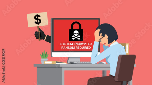 Quadro su tela A worried man sits at a desk with a computer displaying a ransomware message
