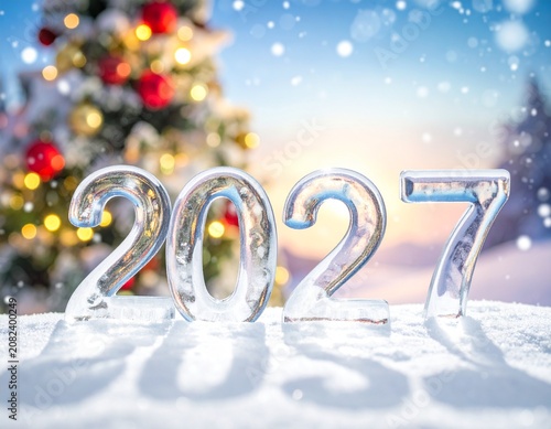 2027 Nowy Rok, lodowy napis na śniegu, w tle choinka, śnieg i bokeh. Szczęśliwego Nowego Roku. Kartka świąteczna z życzeniami.
