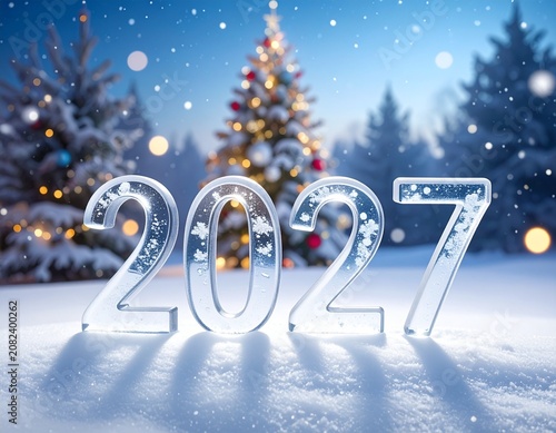 2027 Nowy Rok, lodowy napis na śniegu, w tle choinka, śnieg i bokeh. Szczęśliwego Nowego Roku. Kartka świąteczna z życzeniami.
