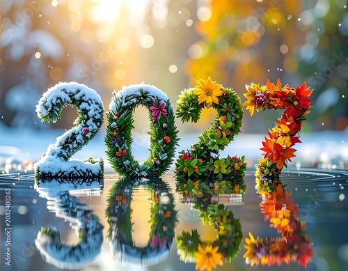 Nowy Rok 2026 utworzony z roślin symbolizujących cztery pory roku zimę, wiosnę, lato i jesień. Kolorowy napis Nowy Rok. Karta rozpoczynająca kalendarz.
