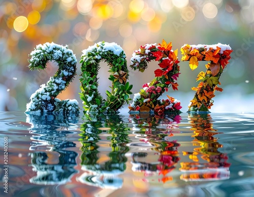 Nowy Rok 2026 utworzony z roślin symbolizujących cztery pory roku zimę, wiosnę, lato i jesień. Kolorowy napis Nowy Rok. Karta rozpoczynająca kalendarz.
