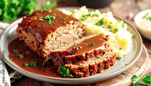Homemade meatloaf topped with rich brown gravy and creamy mashed potatoes. AI