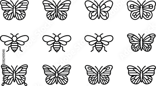 Tableau sur toile Butterfly and honey bee line icon set, black minimal outline insects wings natur