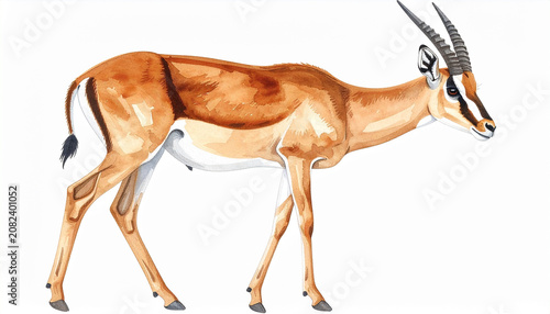 Watercolor portrait of beautiful gazelle, graceful pose with delicate features and long horns, soft natural colors, hand drawn art style, isolated on clean white background.