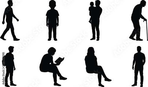 Set of people silhouettes illustrating different life stages from childhood and youth to parenting and old age