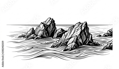 Konstfotografi Monochrome rocky beach seascape long exposure vector landscape isolated on white
