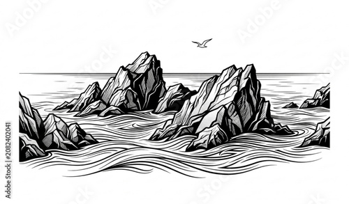 Foto Vintage black and white rocky coast seascape vector illustration isolated on whi