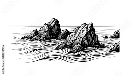 Canvastavla Black and white rocky seascape long exposure coastal vector illustration isolate