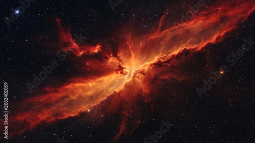 Intense red nebula glows against black sky