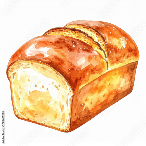 Watercolor illustration of freshly baked loaf of bread with golden crust, soft hand drawn style, detailed crust texture, isolated on white background.