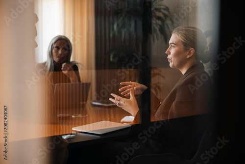 Businesswoman gesturing and speaking with colleagues during office meeting