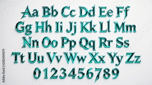 teal metallic alphabet with sharp serif fantasy gaming style