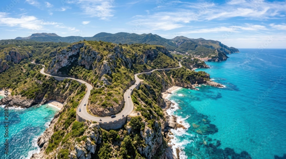 Fototapeta premium Scenic Coastal Road Winding Through Lush Green Hills Overlooking Turquoise Ocean Waters.