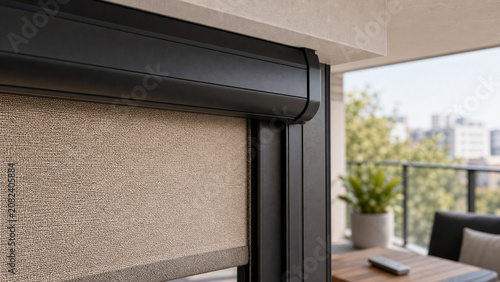 Close-Up of Motorized Outdoor Roller Blind Housing on Modern Balcony