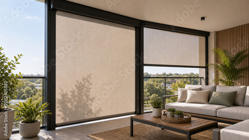 Modern Apartment Balcony With Motorized Outdoor Blinds and Comfortable Seating