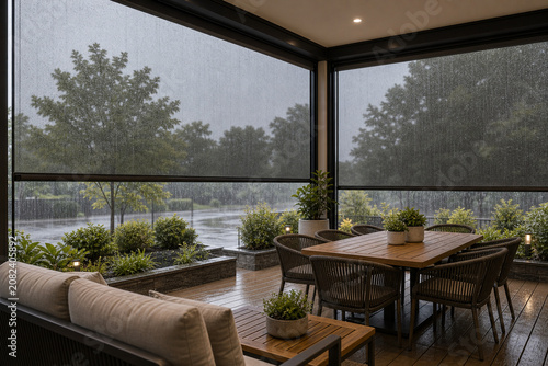 Screened Outdoor Patio Protected by Motorized Blinds During Heavy Rain