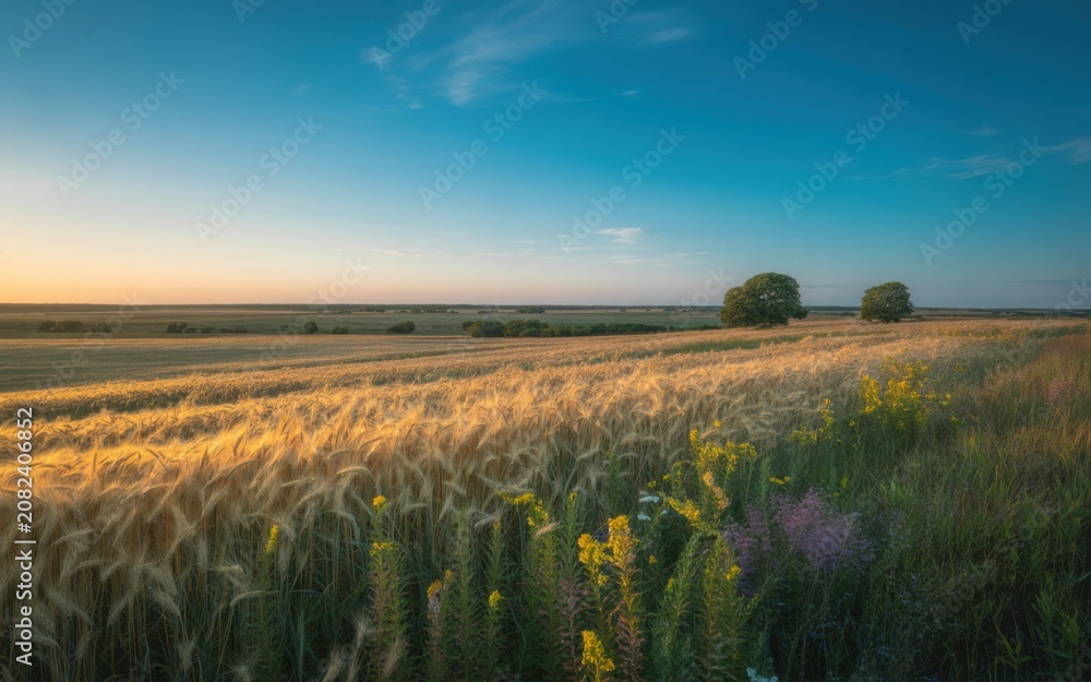 Fototapeta premium Cinematic wide angle landscape photograph of a golden wheat field at sunset