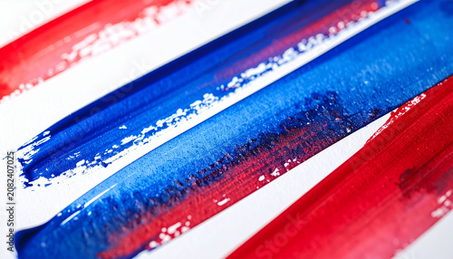 Blue and red watercolor paint brush strokes on white backdrop, intricate wet paint texture, fine pigment bleeding and feathered edge detail, creative brushes pattern art shape design concept.