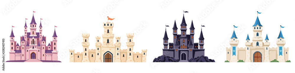 Fototapeta premium Multiple fantasy castle set in flat style on white background symbolizing fairy world concept. Vector illustration