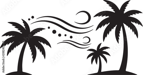 Fotografie Palm trees on tropical beach in wind with tropical vacation silhouette landscape